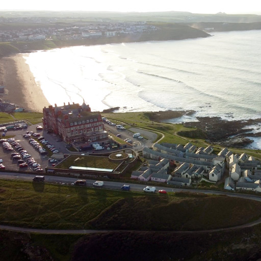 Aerial view of Hadland Hotel and Fistral Beach in Newquay